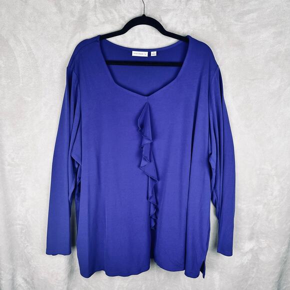 Susan Graver Top Women 3X Blue Liquid Knit Ruffle Long Sleeve Office Stretch - Picture 1 of 12